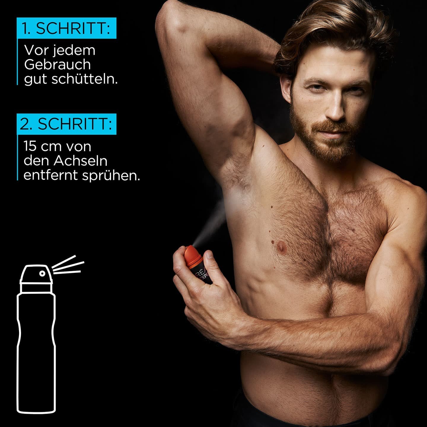 Mann mit freiem Oberkörper & Deo, daneben Anwendungsanleitung in 2 Schritten